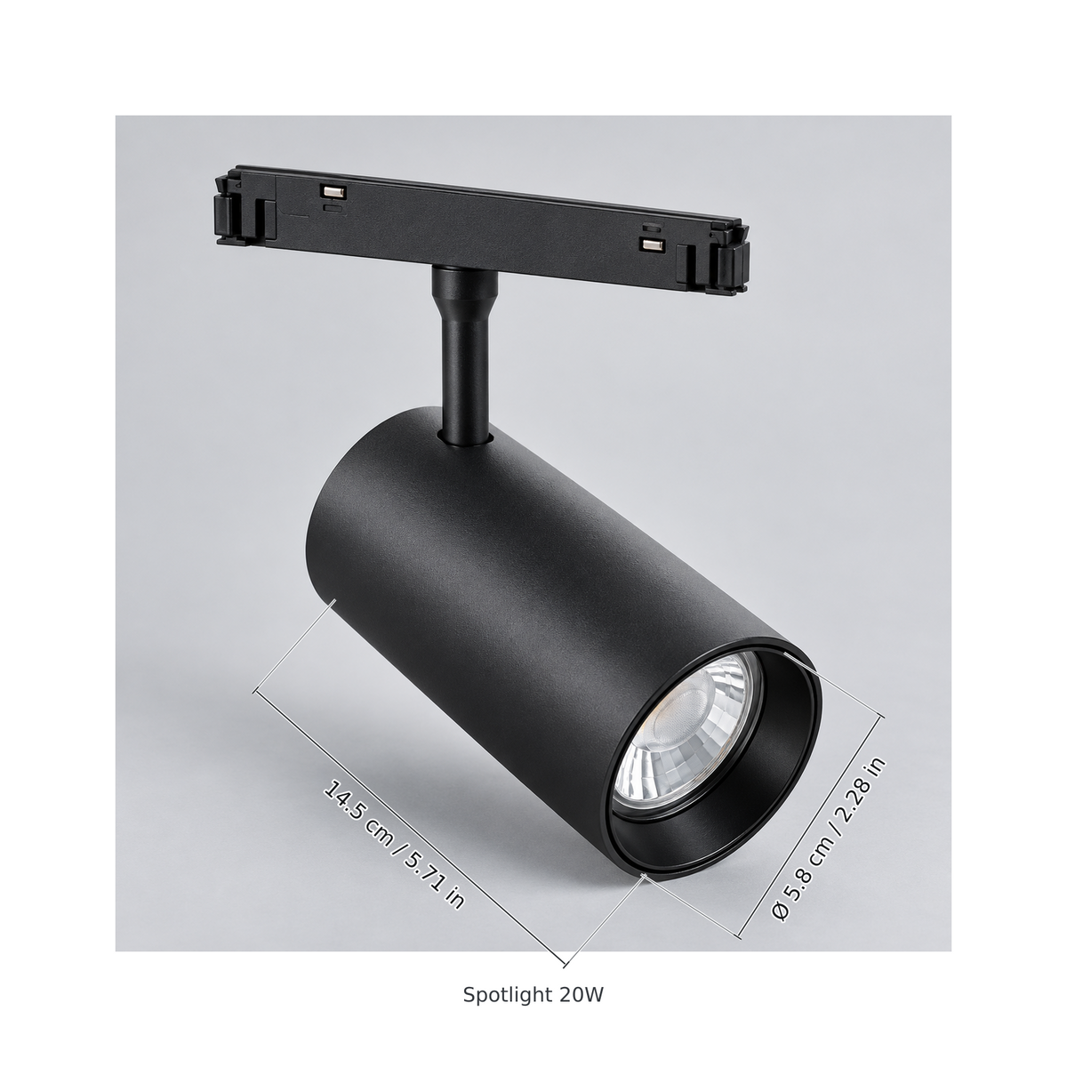 Black spotlight 20w with dimension lines in centimetres and inches: Head length 14.5 cm / 5.71 in; Head diameter Ø 5.8 cm / 2.28 in.