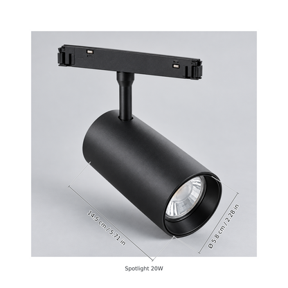 Black spotlight 20w with dimension lines in centimetres and inches: Head length 14.5 cm / 5.71 in; Head diameter Ø 5.8 cm / 2.28 in.