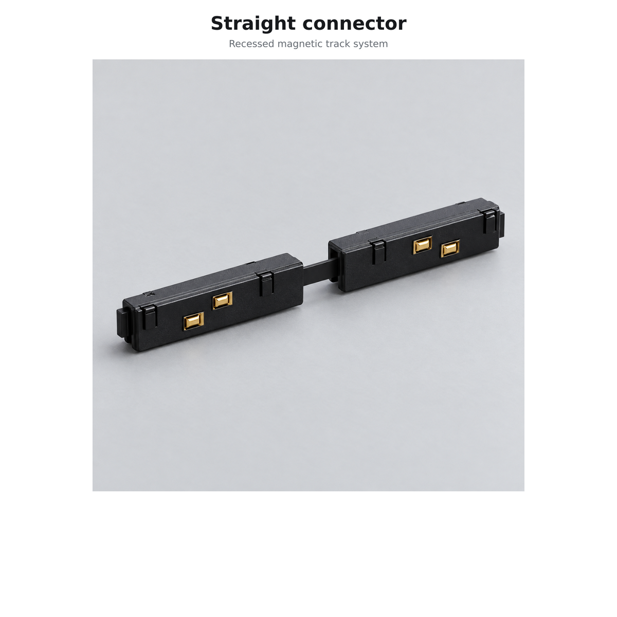 Black straight connector magnetic track component, commercial product view.