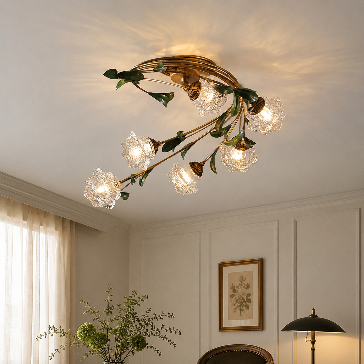 Retro grön taklampa i franskt glas