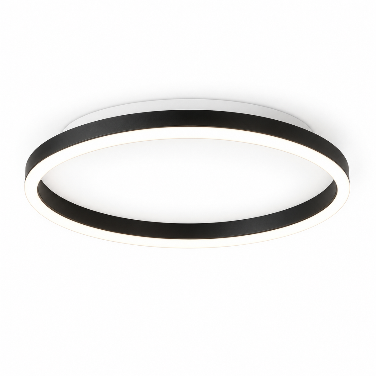 Black round LED ceiling light with white mounting base on a white background