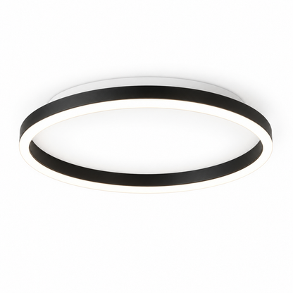 Black round LED ceiling light with white mounting base on a white background