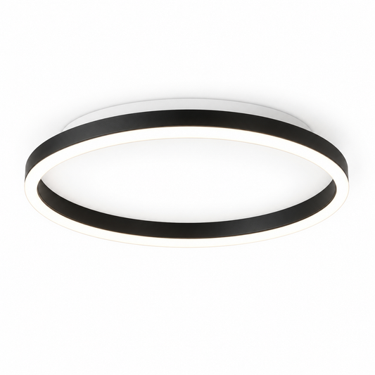 Black round LED ceiling light with white mounting base on a white background