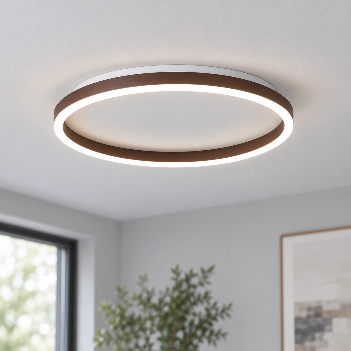 Smooth brown finish round LED ceiling light with white mounting base