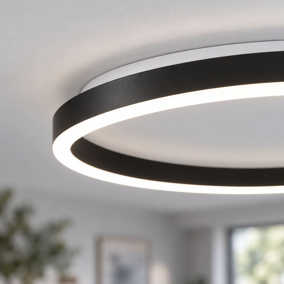 Close-up of smooth black ring, illuminated diffuser and white ceiling mounting base