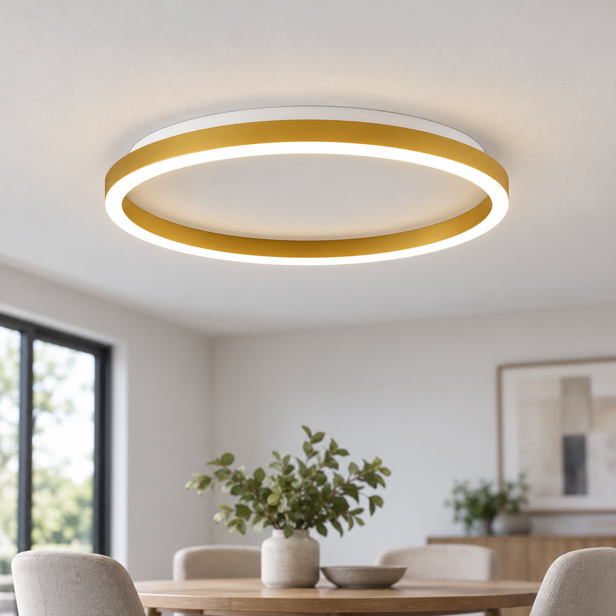 Gold finish round LED ceiling light with white mounting base