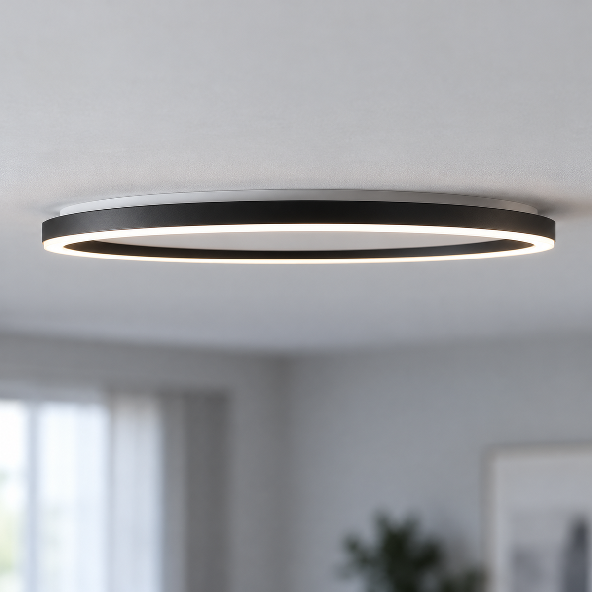 High side profile of black LED ceiling ring with separate white mounting base