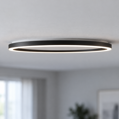 High side profile of black LED ceiling ring with separate white mounting base