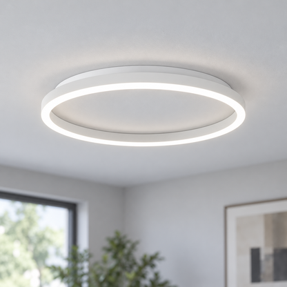 White finish round LED ceiling light with separate white mounting base