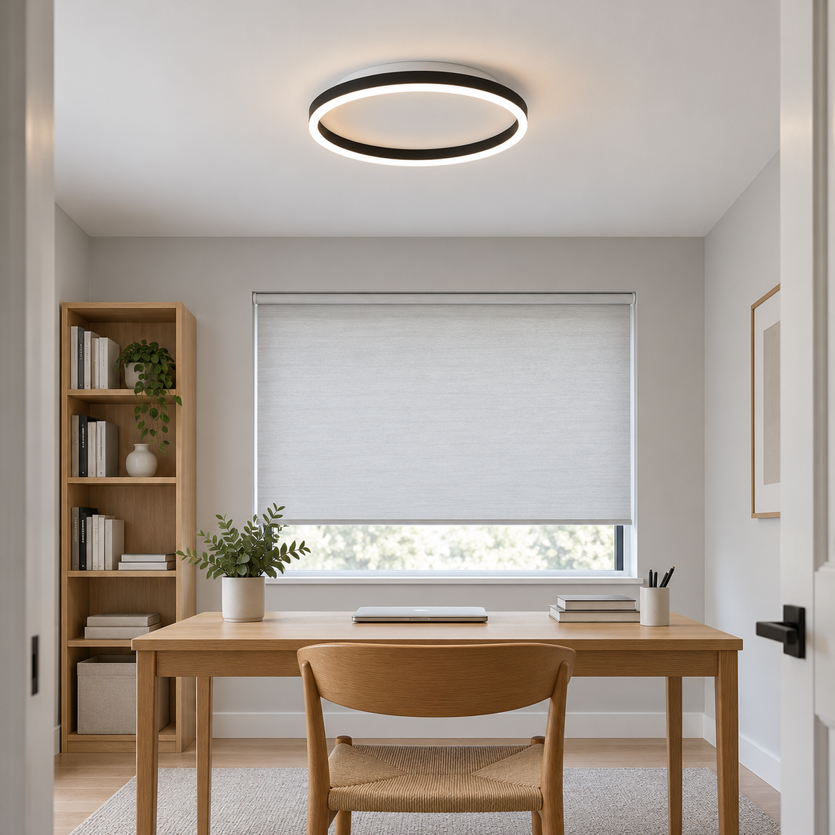 Black round LED ceiling light installed in a modern study, wide front view