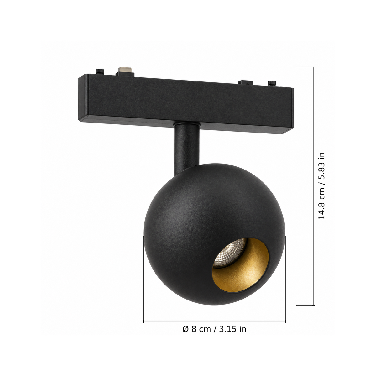 Ball light A · 6W, Black. Edge measurements: 14.8 cm / 5.83 in; Ø 8 cm / 3.15 in.