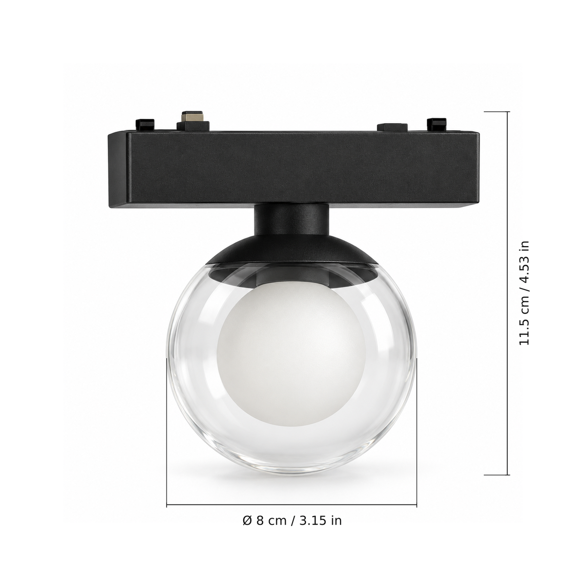 Ball light B · 6W, Black. Edge measurements: Ø 8 cm / 3.15 in; 11.5 cm / 4.53 in.