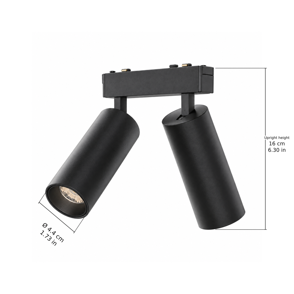 Double spotlight · 18W, Black. Edge measurements: Ø 4.4 cm / 1.73 in; Upright height: 16 cm / 6.30 in.