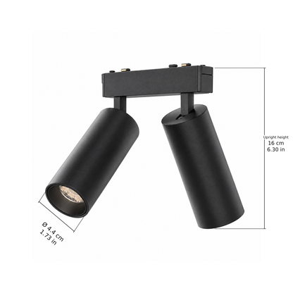 Double spotlight · 18W, Black. Edge measurements: Ø 4.4 cm / 1.73 in; Upright height: 16 cm / 6.30 in.