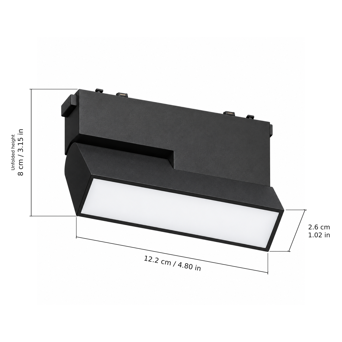 Folding floodlight · 10W, Black. Edge measurements: 12.2 cm / 4.80 in; 2.6 cm / 1.02 in; Unfolded height: 8 cm / 3.15 in.