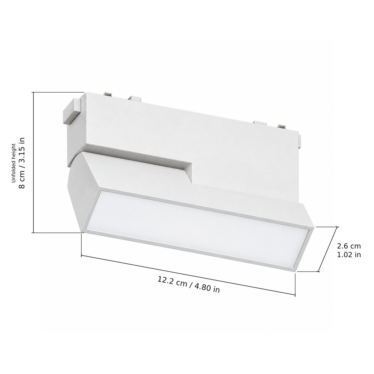 Folding floodlight · 10W, White. Edge measurements: 12.2 cm / 4.80 in; 2.6 cm / 1.02 in; Unfolded height: 8 cm / 3.15 in.