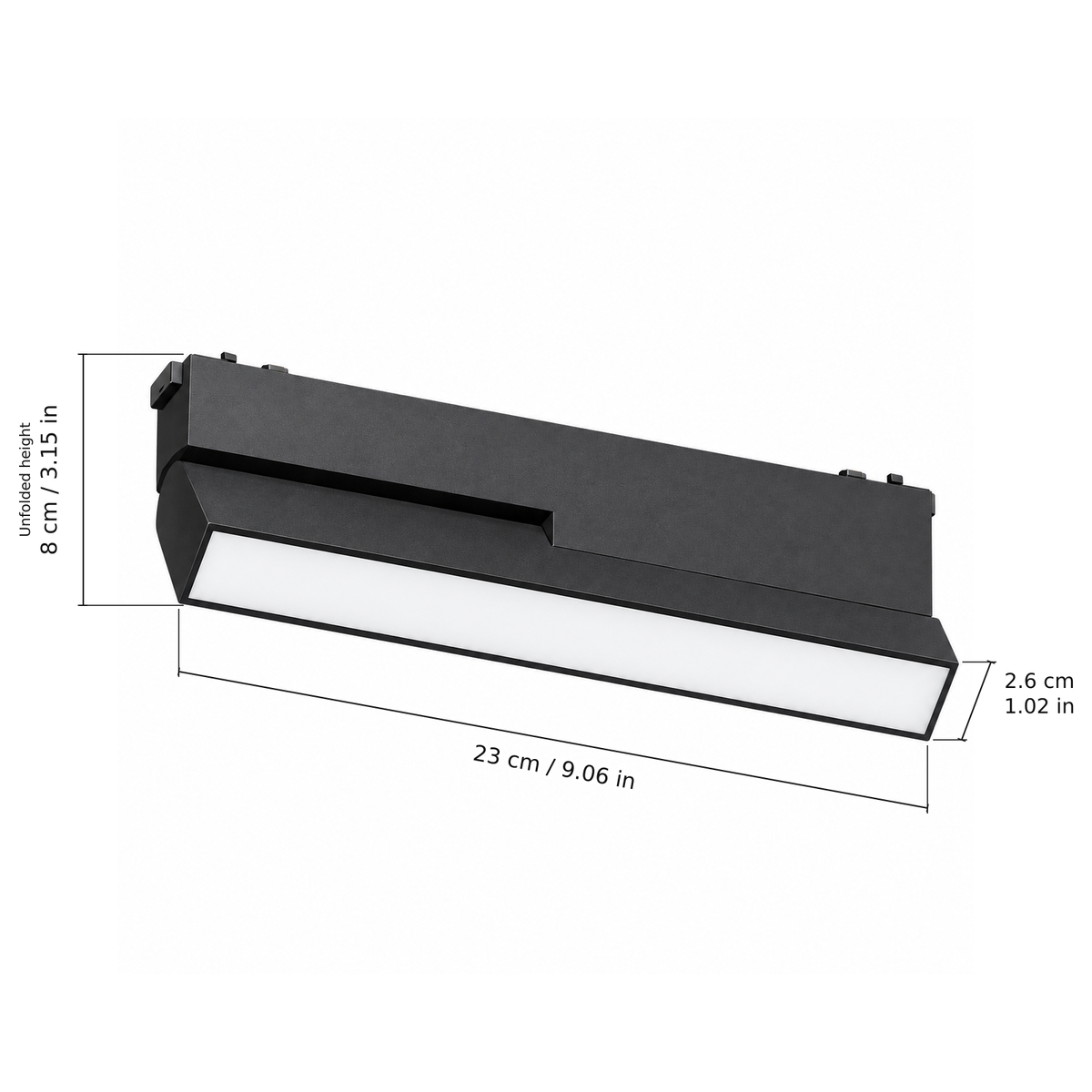 Folding floodlight · 20W, Black. Edge measurements: 23 cm / 9.06 in; 2.6 cm / 1.02 in; Unfolded height: 8 cm / 3.15 in.