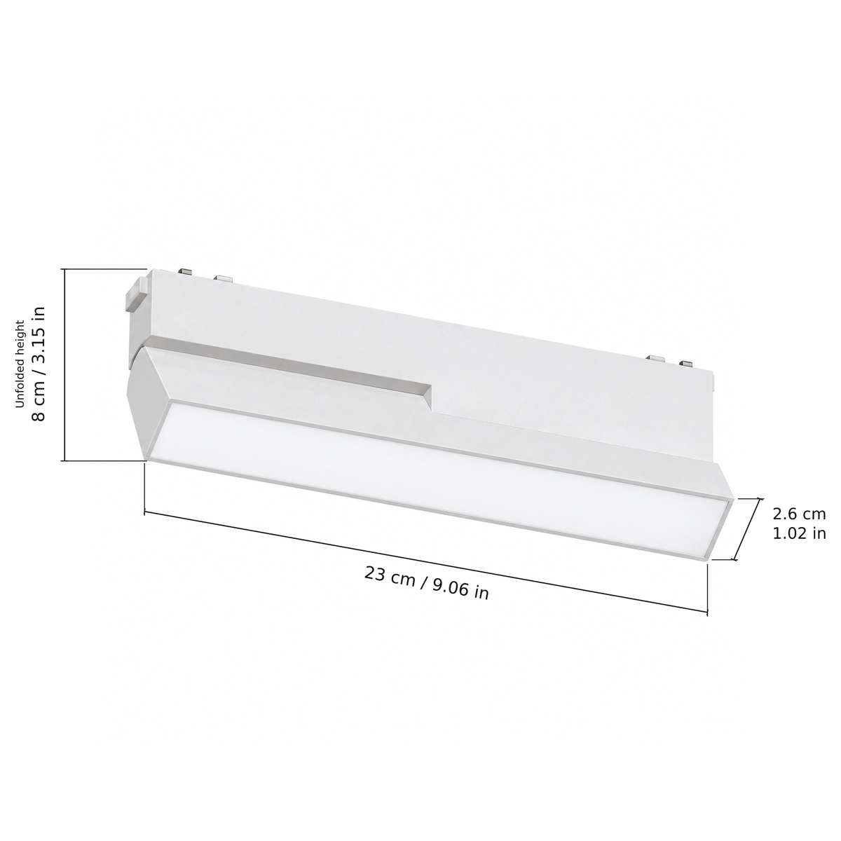 Folding floodlight · 20W, White. Edge measurements: 23 cm / 9.06 in; 2.6 cm / 1.02 in; Unfolded height: 8 cm / 3.15 in.