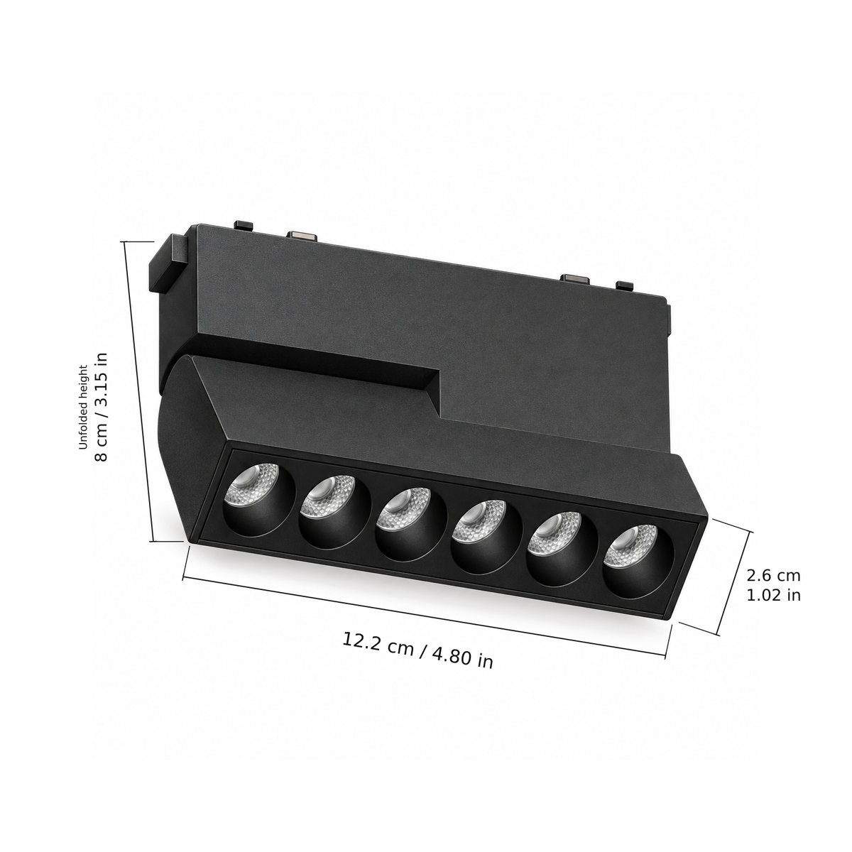 Folding grille · 10W, Black. Edge measurements: 12.2 cm / 4.80 in; Unfolded height: 8 cm / 3.15 in; 2.6 cm / 1.02 in.