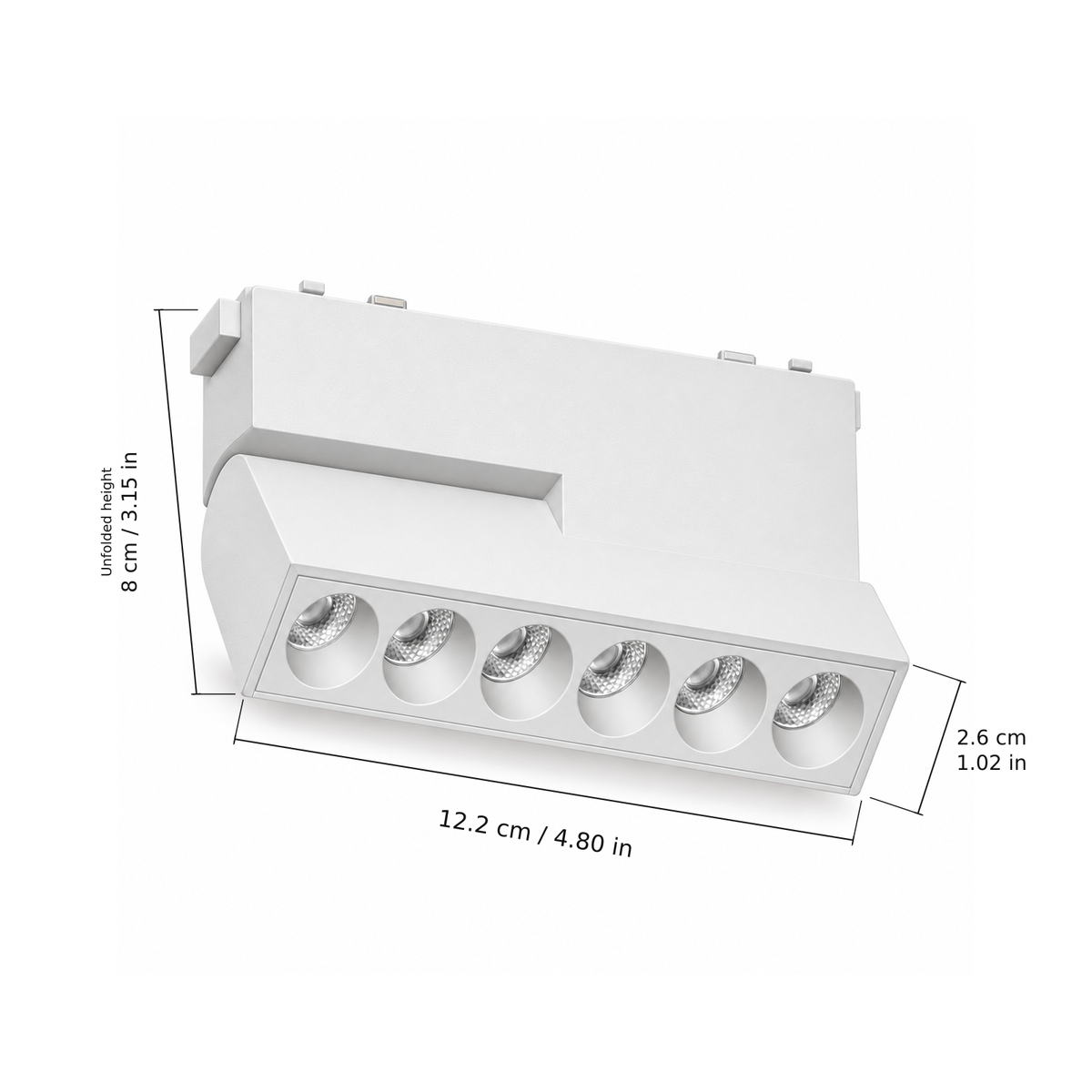 Folding grille · 10W, White. Edge measurements: 12.2 cm / 4.80 in; Unfolded height: 8 cm / 3.15 in; 2.6 cm / 1.02 in.