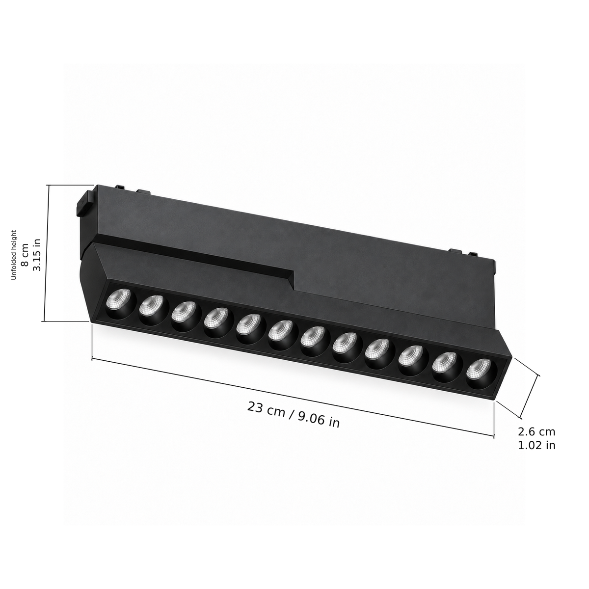 Folding grille · 20W, Black. Edge measurements: 23 cm / 9.06 in; Unfolded height: 8 cm / 3.15 in; 2.6 cm / 1.02 in.
