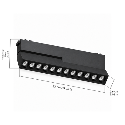 Folding grille · 20W, Black. Edge measurements: 23 cm / 9.06 in; Unfolded height: 8 cm / 3.15 in; 2.6 cm / 1.02 in.