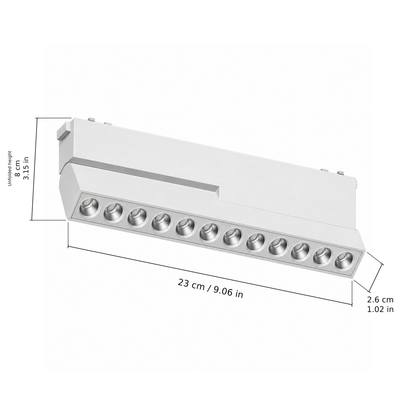 Folding grille · 20W, White. Edge measurements: 23 cm / 9.06 in; Unfolded height: 8 cm / 3.15 in; 2.6 cm / 1.02 in.