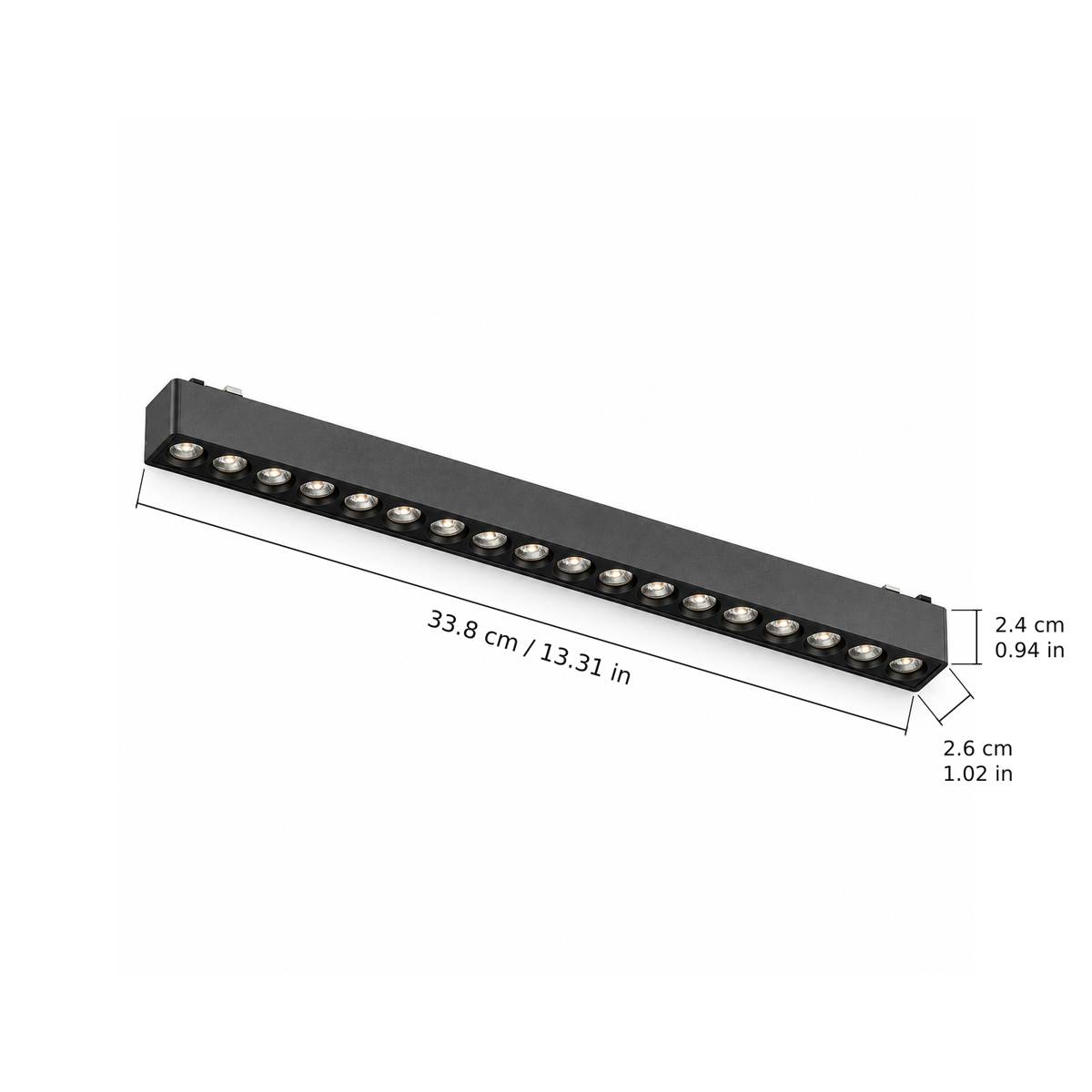 Grille light · 18W, Black. Edge measurements: 33.8 cm / 13.31 in; 2.6 cm / 1.02 in; 2.4 cm / 0.94 in.