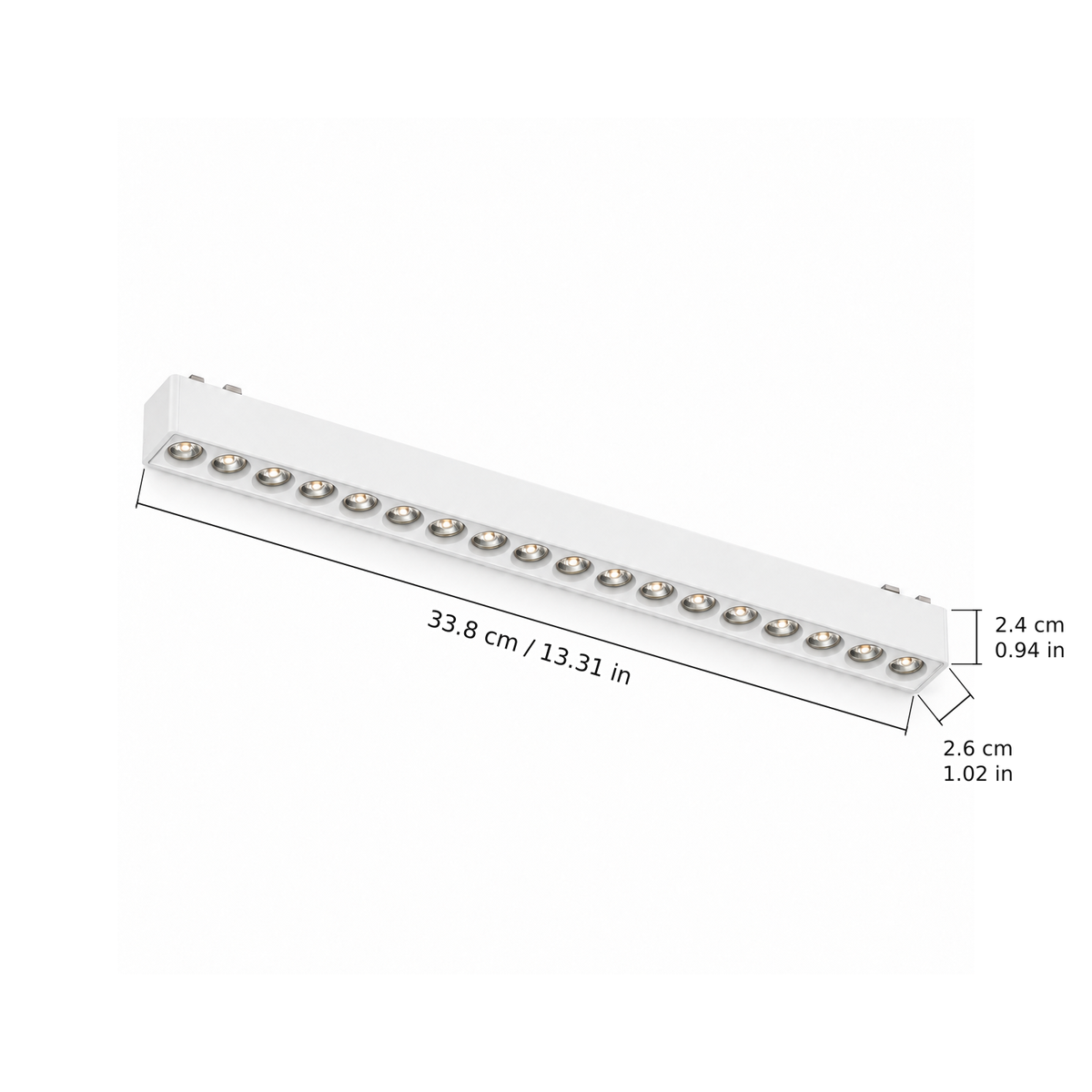 Grille light · 18W, White. Edge measurements: 33.8 cm / 13.31 in; 2.6 cm / 1.02 in; 2.4 cm / 0.94 in.