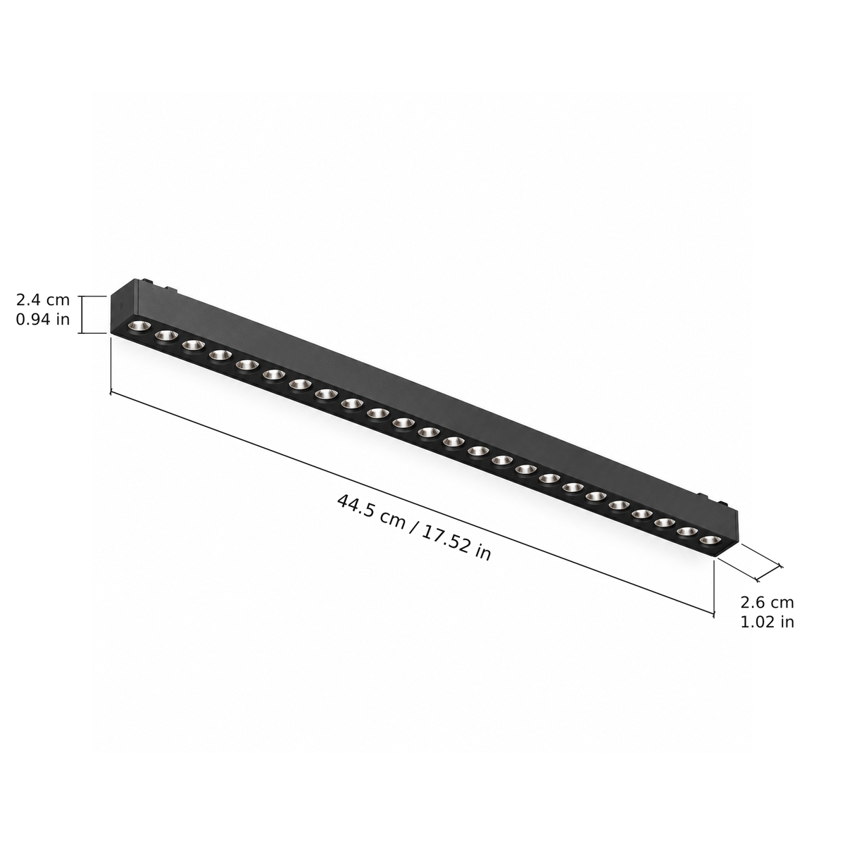 Grille light · 24W, Black. Edge measurements: 44.5 cm / 17.52 in; 2.4 cm / 0.94 in; 2.6 cm / 1.02 in.