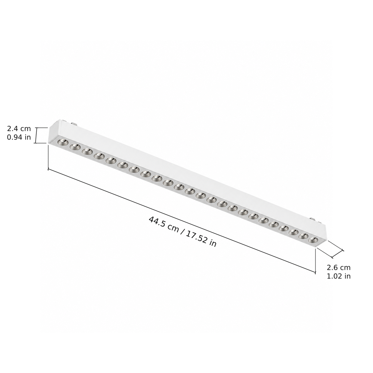 Grille light · 24W, White. Edge measurements: 44.5 cm / 17.52 in; 2.4 cm / 0.94 in; 2.6 cm / 1.02 in.
