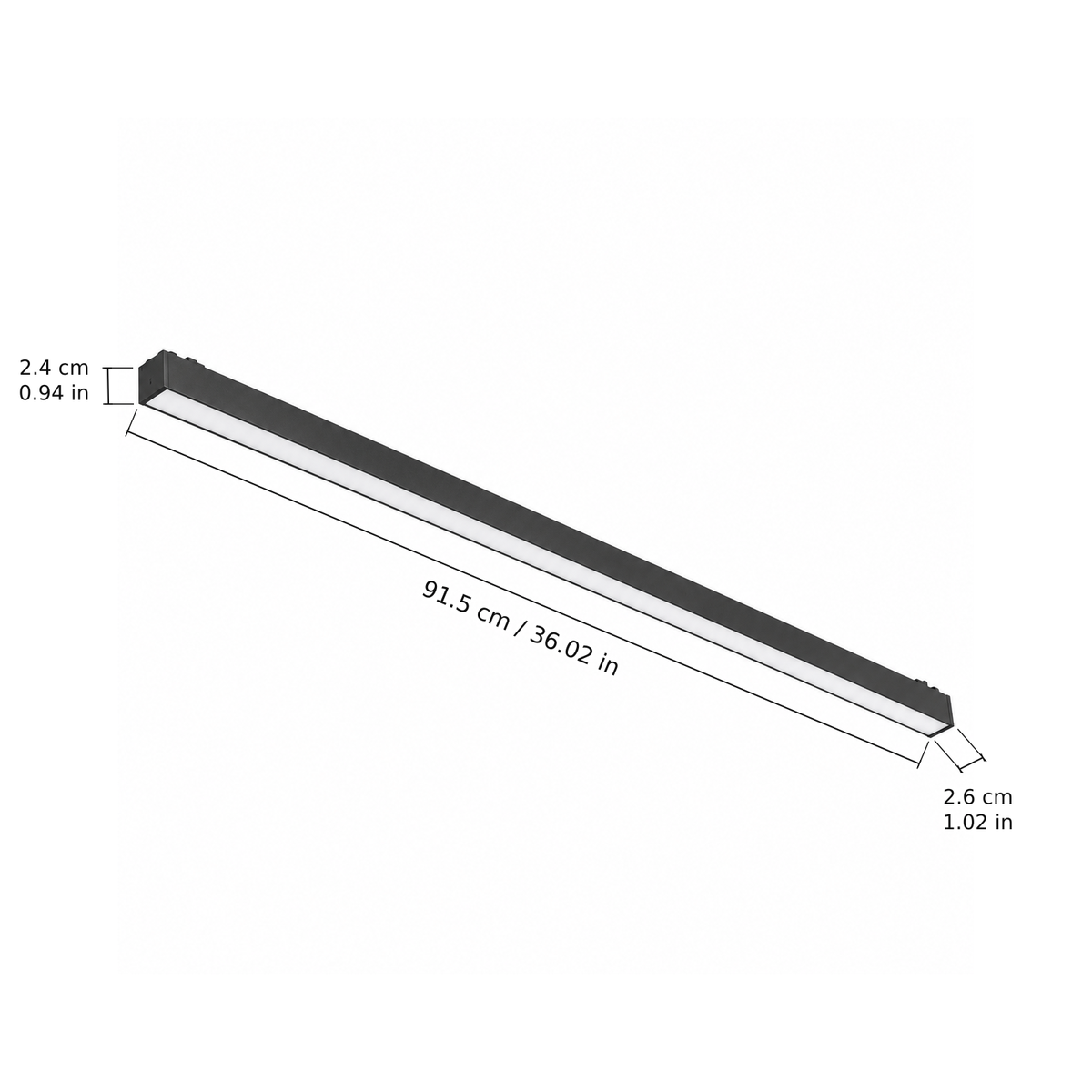 Linear floodlight · 30W, Black. Edge measurements: 91.5 cm / 36.02 in; 2.4 cm / 0.94 in; 2.6 cm / 1.02 in.