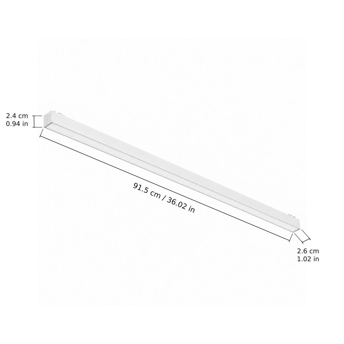 Linear floodlight · 30W, White. Edge measurements: 91.5 cm / 36.02 in; 2.4 cm / 0.94 in; 2.6 cm / 1.02 in.