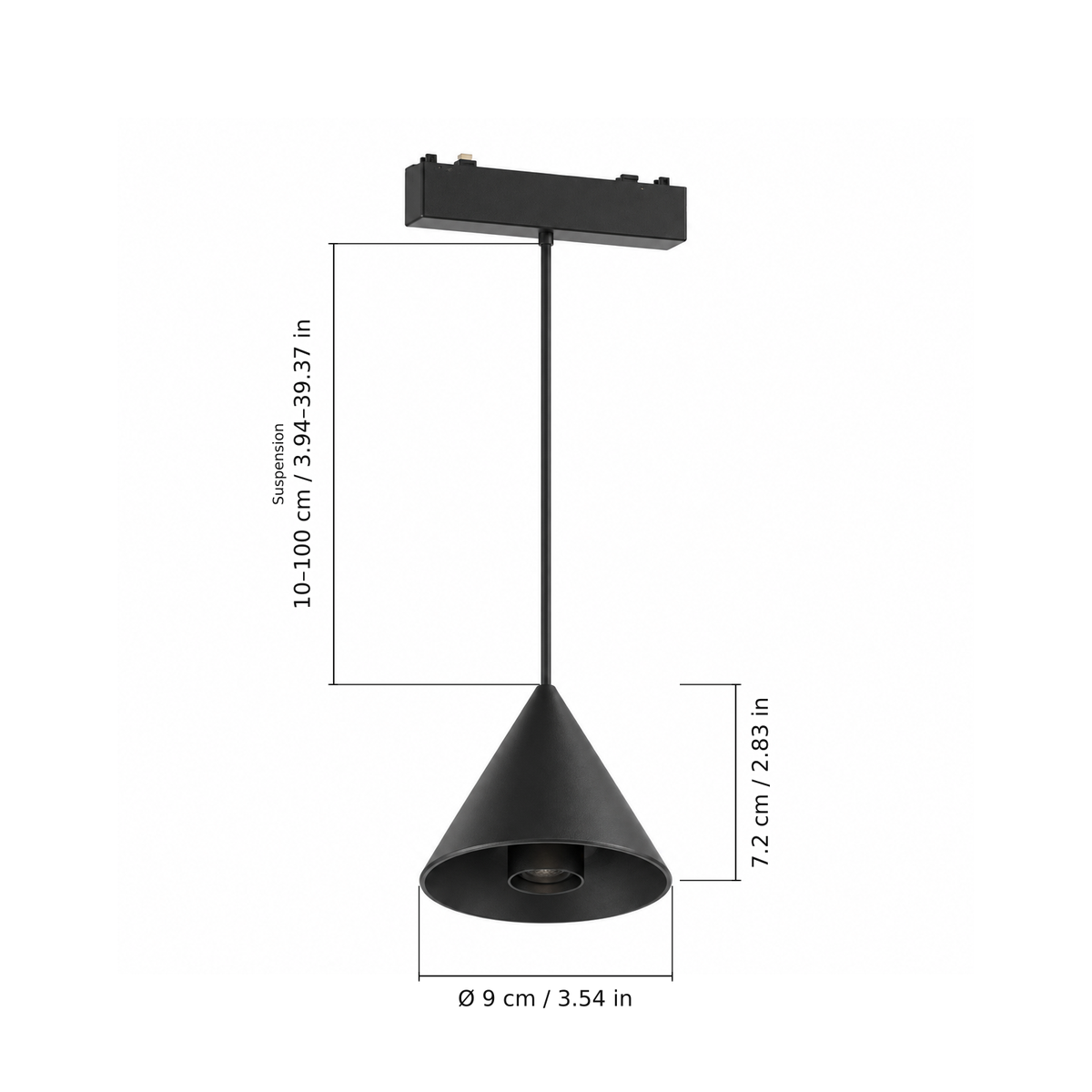 Pendant A · 6W, Black. Edge measurements: Suspension: 10–100 cm / 3.94–39.37 in; 7.2 cm / 2.83 in; Ø 9 cm / 3.54 in.