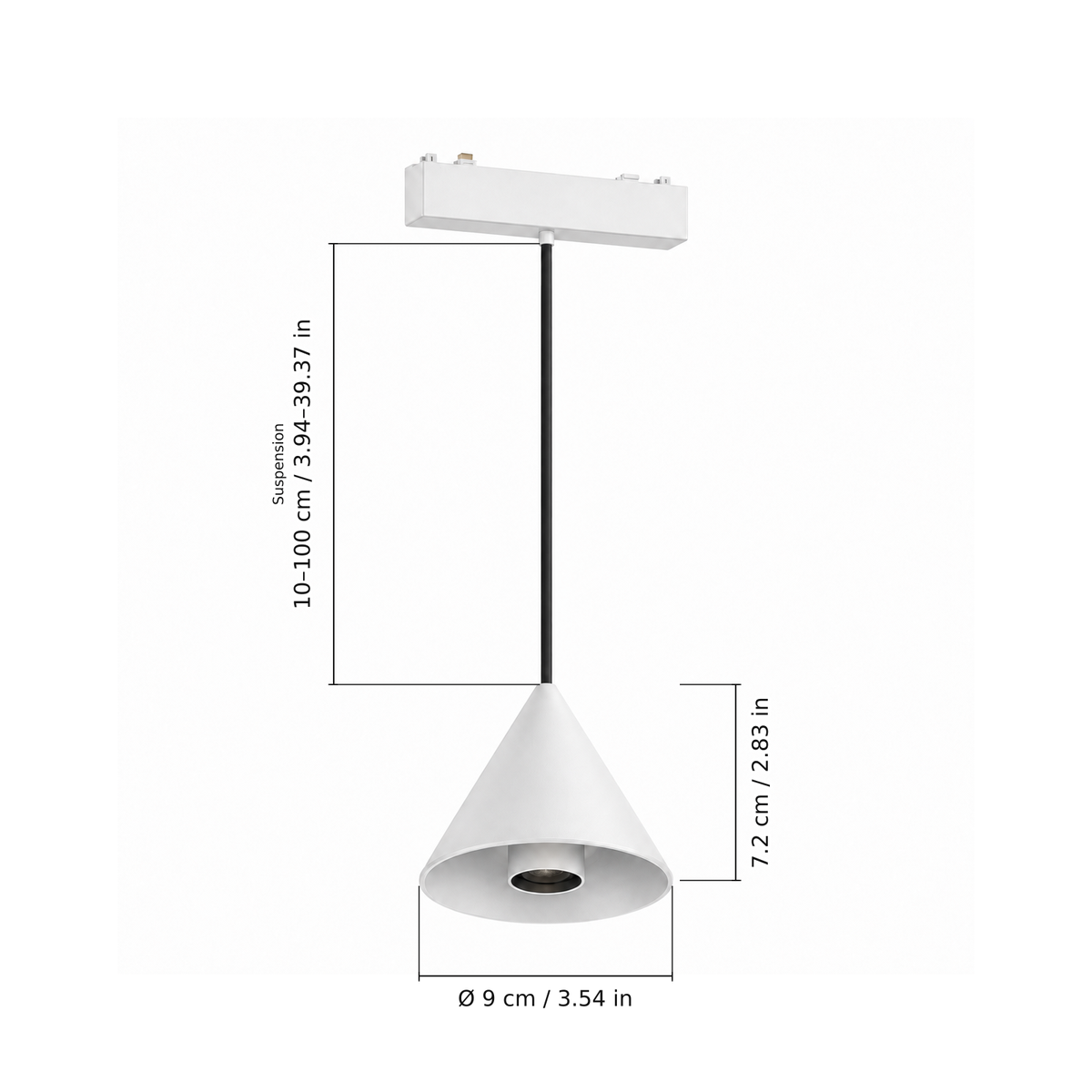 Pendant A · 6W, White. Edge measurements: Suspension: 10–100 cm / 3.94–39.37 in; 7.2 cm / 2.83 in; Ø 9 cm / 3.54 in.