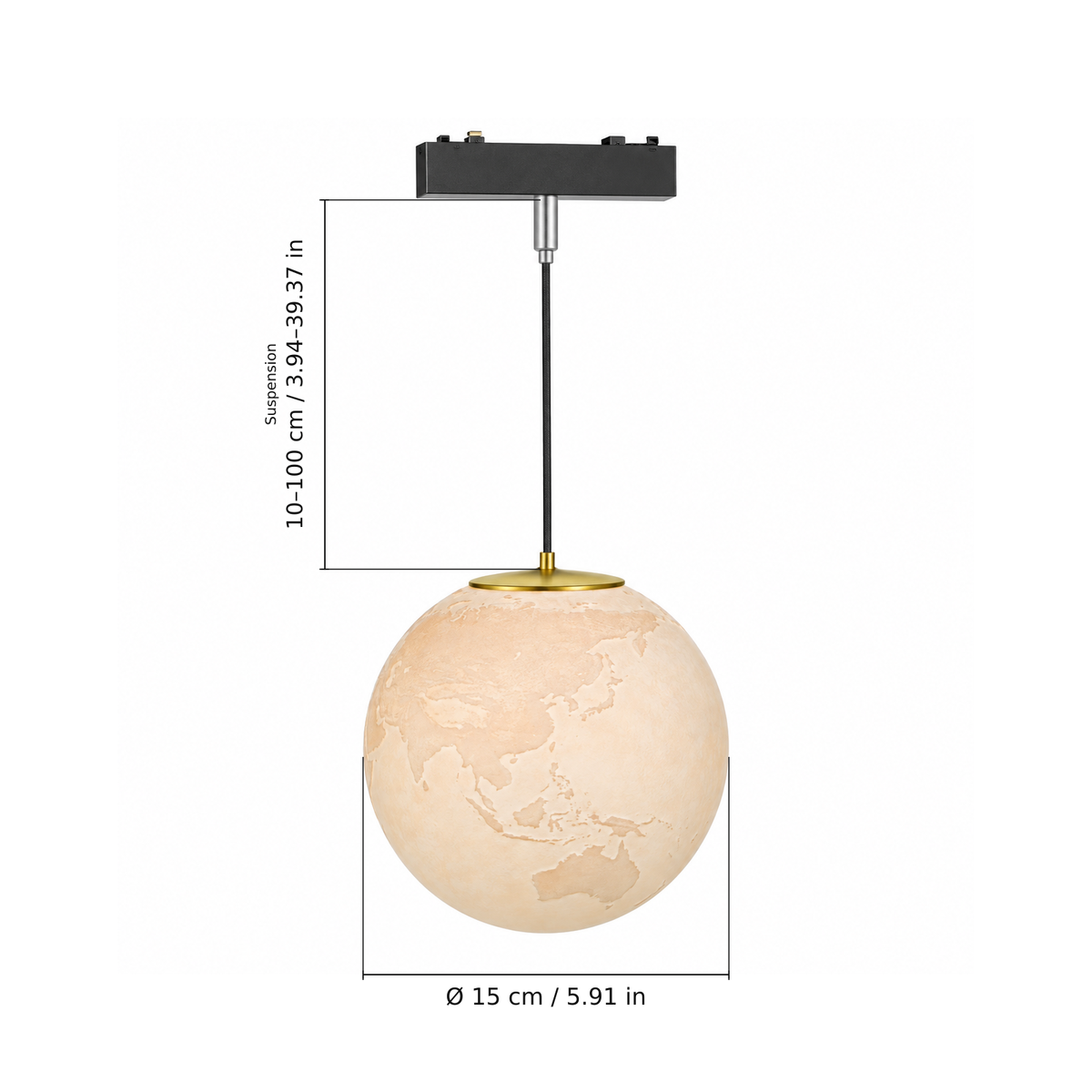 Pendant B · 6W, Black. Edge measurements: Suspension: 10–100 cm / 3.94–39.37 in; Ø 15 cm / 5.91 in.