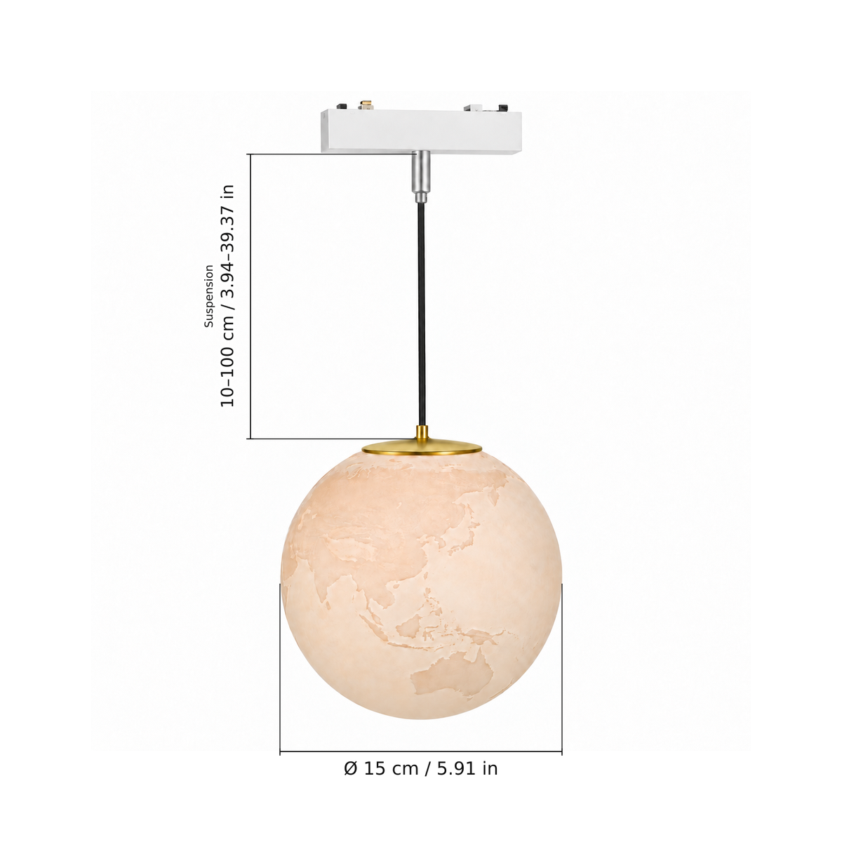 Pendant B · 6W, White. Edge measurements: Suspension: 10–100 cm / 3.94–39.37 in; Ø 15 cm / 5.91 in.