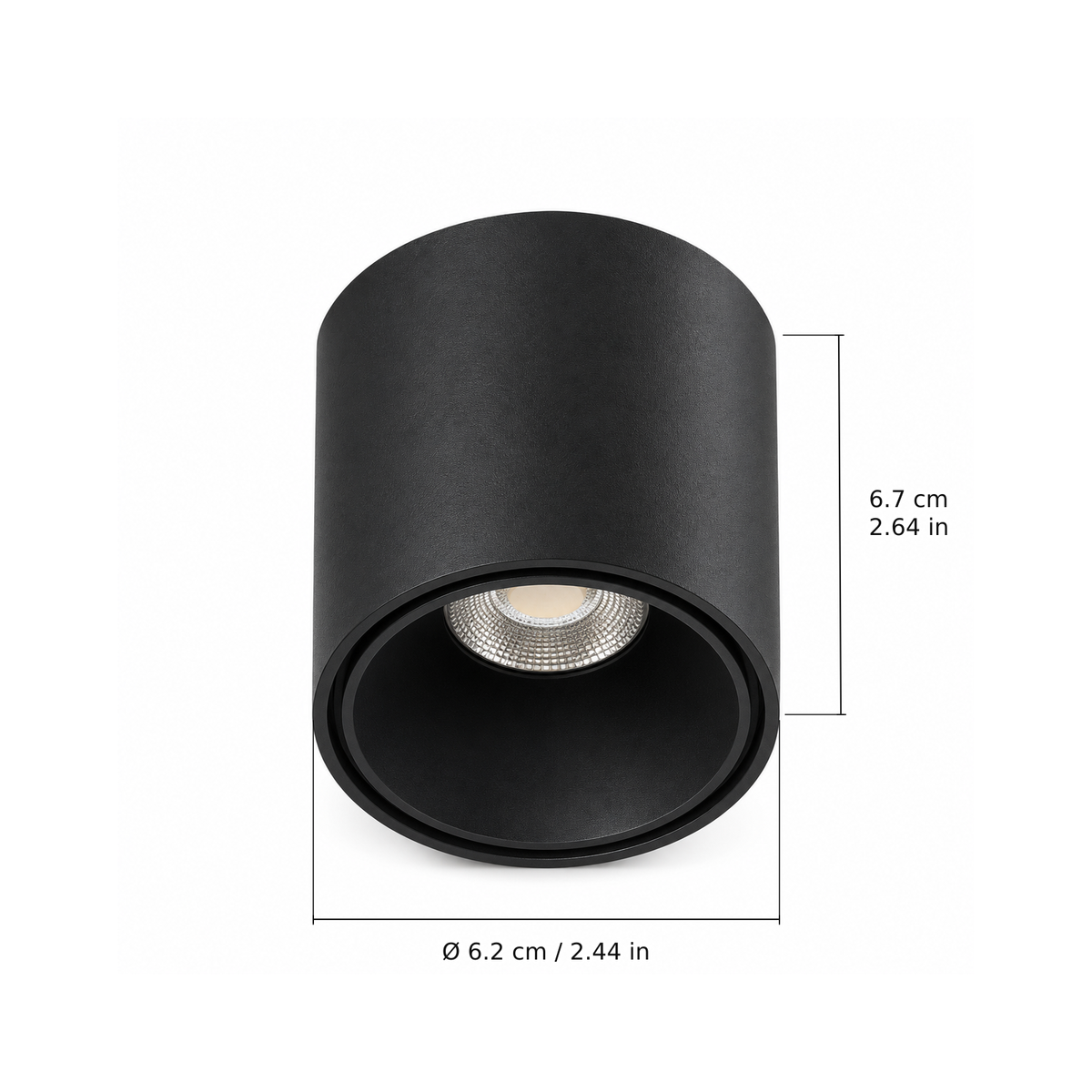 Round downlight · 6W, Black. Edge measurements: Ø 6.2 cm / 2.44 in; 6.7 cm / 2.64 in.