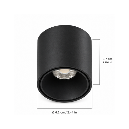 Round downlight · 6W, Black. Edge measurements: Ø 6.2 cm / 2.44 in; 6.7 cm / 2.64 in.