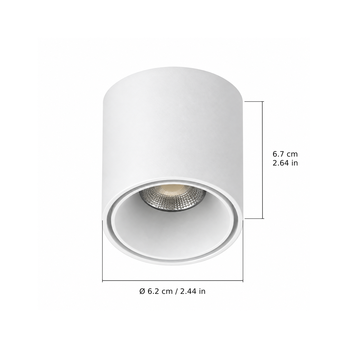 Round downlight · 6W, White. Edge measurements: Ø 6.2 cm / 2.44 in; 6.7 cm / 2.64 in.