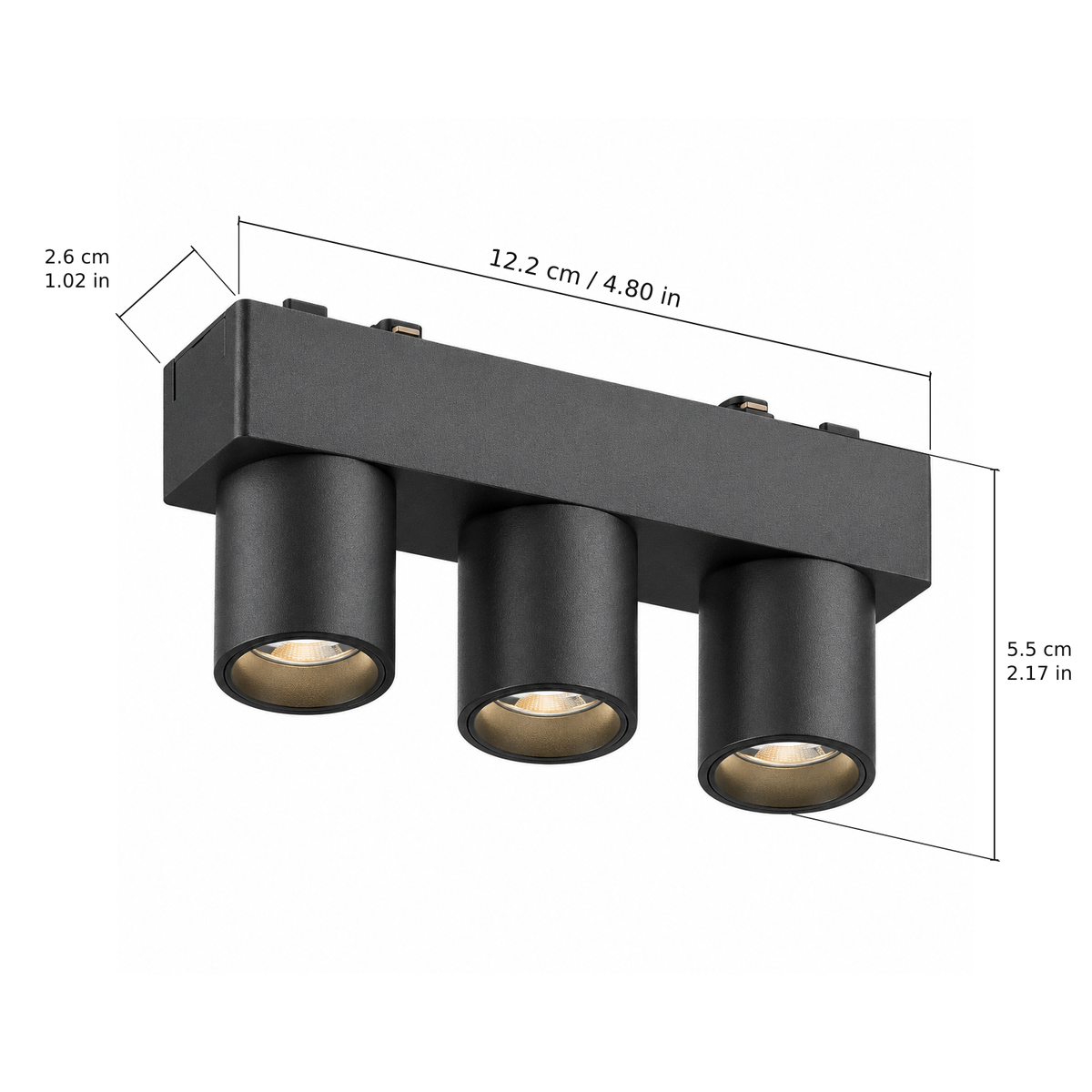 Triple spotlight · 6W, Black. Edge measurements: 12.2 cm / 4.80 in; 2.6 cm / 1.02 in; 5.5 cm / 2.17 in.