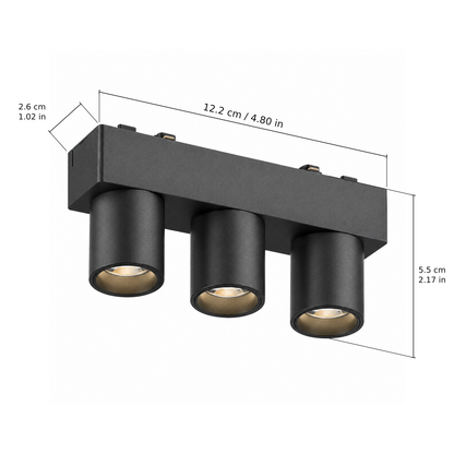 Triple spotlight · 6W, Black. Edge measurements: 12.2 cm / 4.80 in; 2.6 cm / 1.02 in; 5.5 cm / 2.17 in.