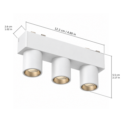 Triple spotlight · 6W, White. Edge measurements: 12.2 cm / 4.80 in; 2.6 cm / 1.02 in; 5.5 cm / 2.17 in.