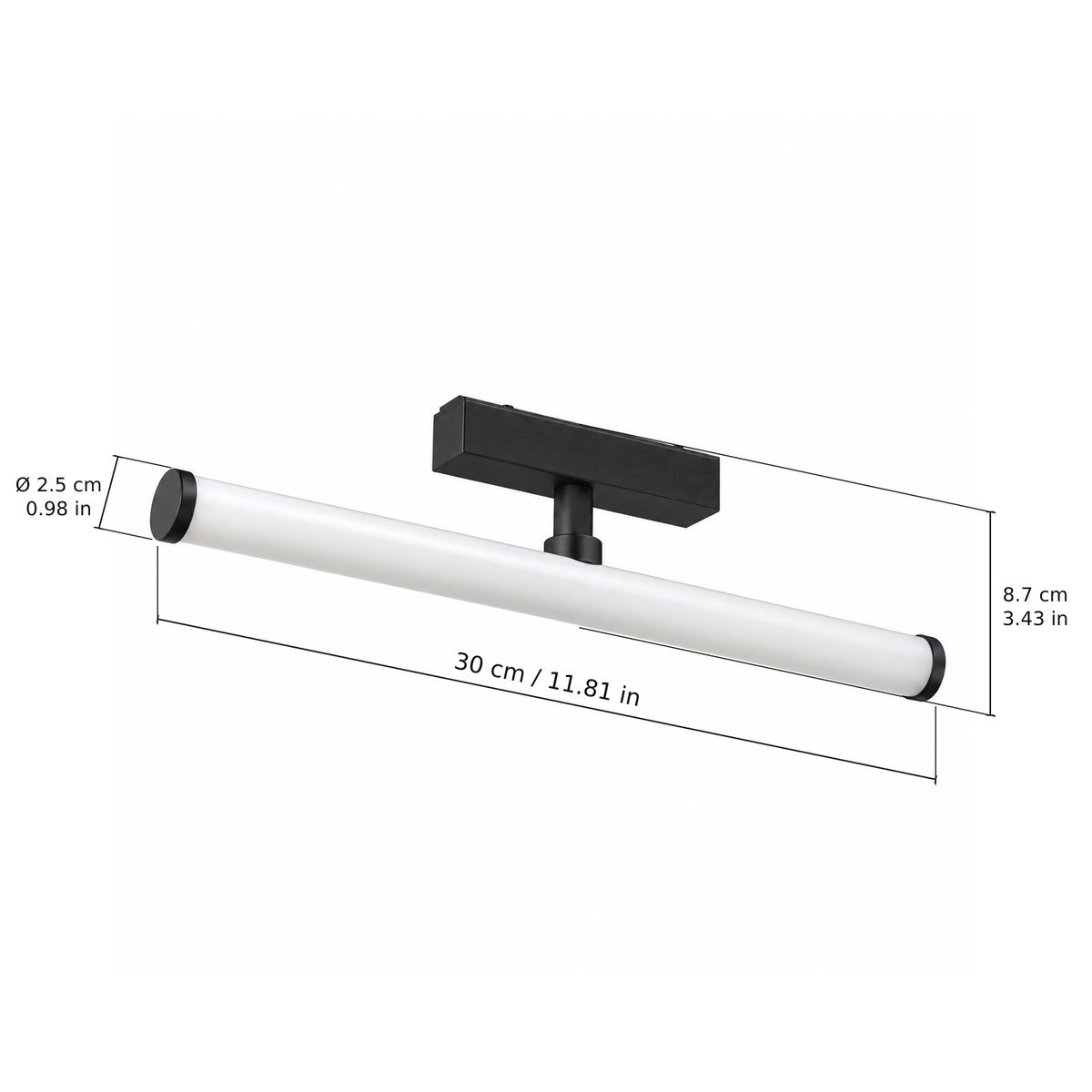 Tube floodlight · 10W, Black. Edge measurements: 30 cm / 11.81 in; Ø 2.5 cm / 0.98 in; 8.7 cm / 3.43 in.