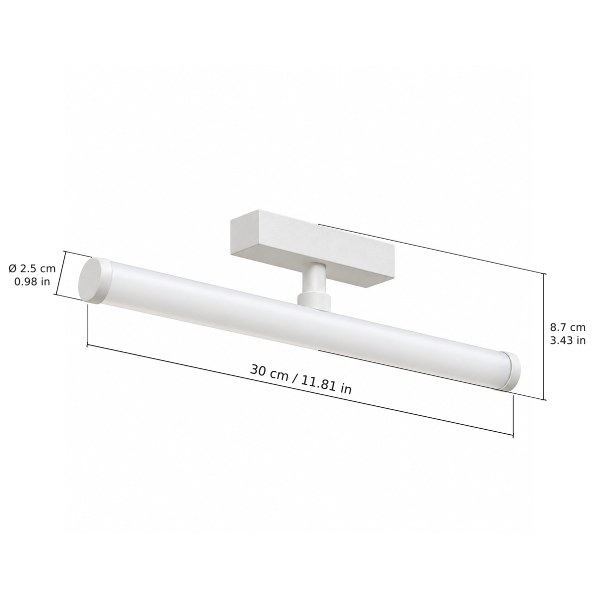 Tube floodlight · 10W, White. Edge measurements: 30 cm / 11.81 in; Ø 2.5 cm / 0.98 in; 8.7 cm / 3.43 in.