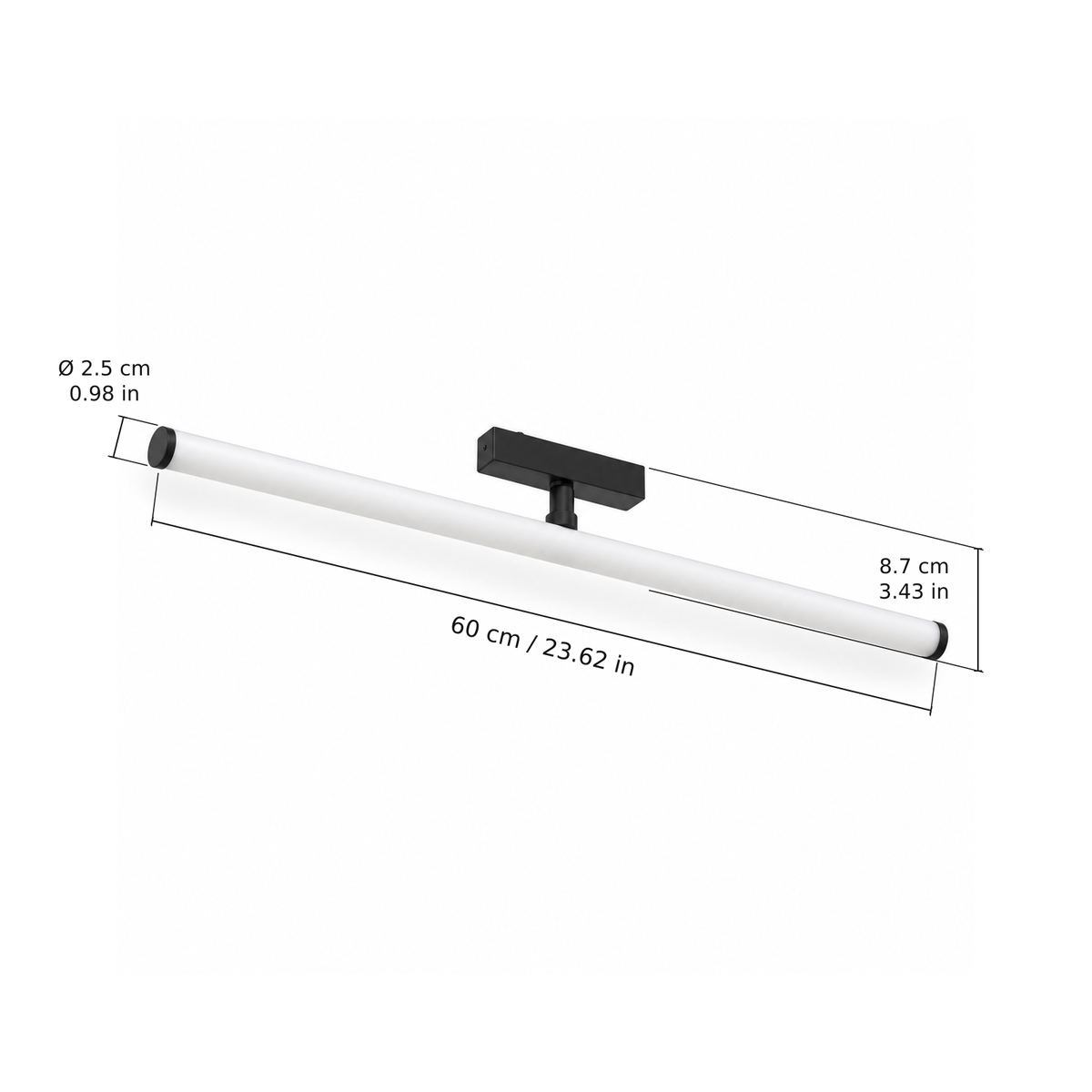 Tube floodlight · 20W, Black. Edge measurements: 60 cm / 23.62 in; Ø 2.5 cm / 0.98 in; 8.7 cm / 3.43 in.