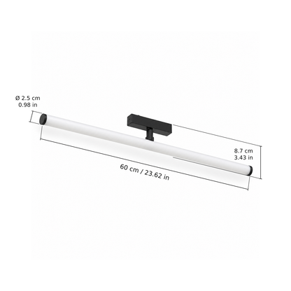 Tube floodlight · 20W, Black. Edge measurements: 60 cm / 23.62 in; Ø 2.5 cm / 0.98 in; 8.7 cm / 3.43 in.