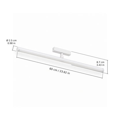 Tube floodlight · 20W, White. Edge measurements: 60 cm / 23.62 in; Ø 2.5 cm / 0.98 in; 8.7 cm / 3.43 in.