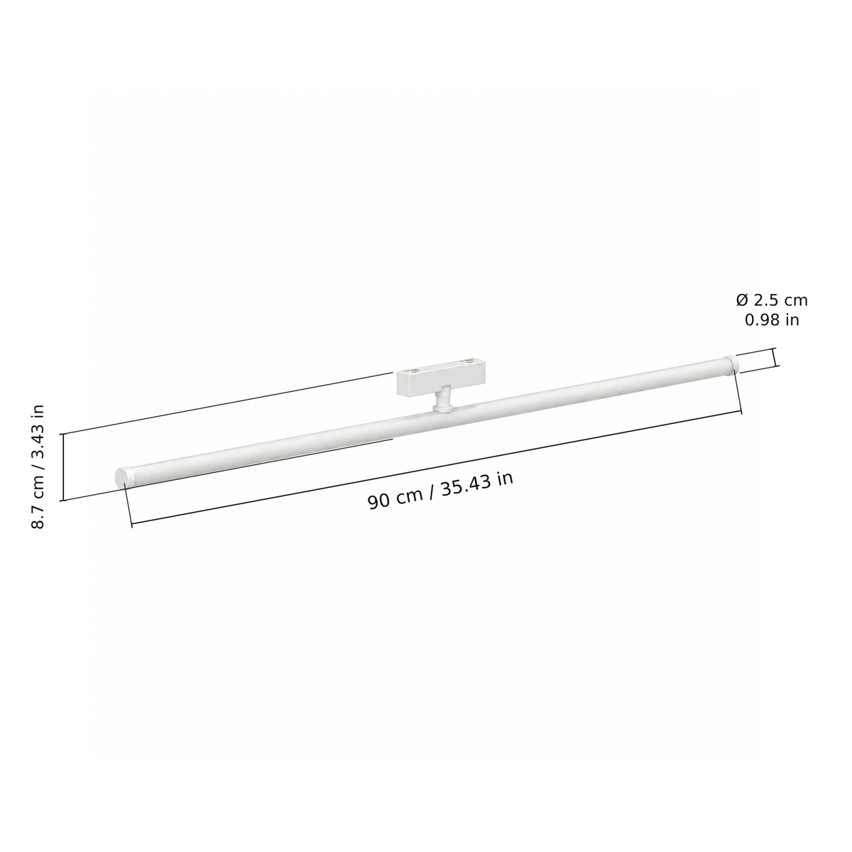 Tube floodlight · 30W, White. Edge measurements: 90 cm / 35.43 in; Ø 2.5 cm / 0.98 in; 8.7 cm / 3.43 in.
