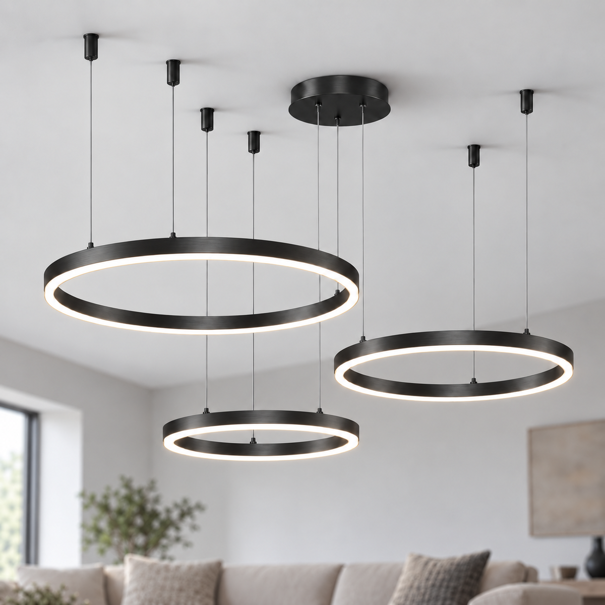 Black suspended LED chandelier with three horizontal rings in 60, 80 and 100 cm diameters.